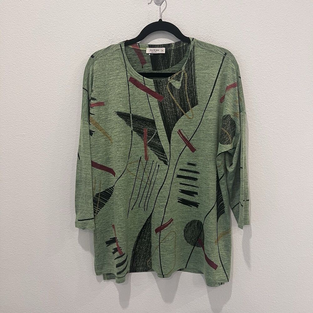 Jess & Jane Women's A-line Slinky Knit Tunic Top XL Green Abstract Boho Artsy